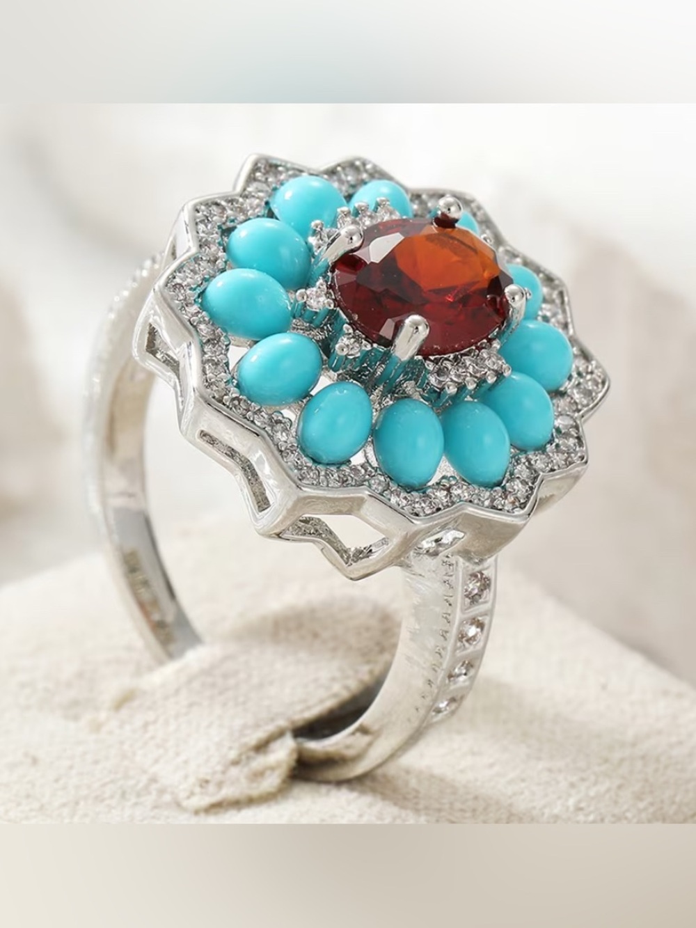 Starburst Faux Turquoise & Amber Zirconia Ring